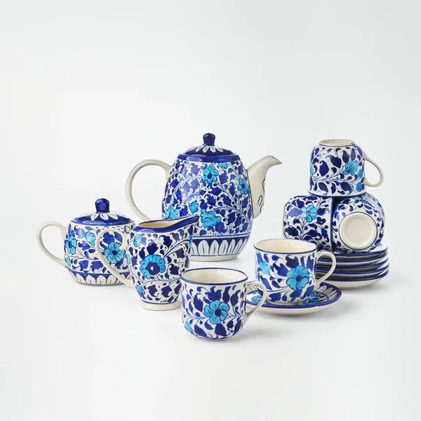 Ceramic Blue Pottery Tea Set for 6 person